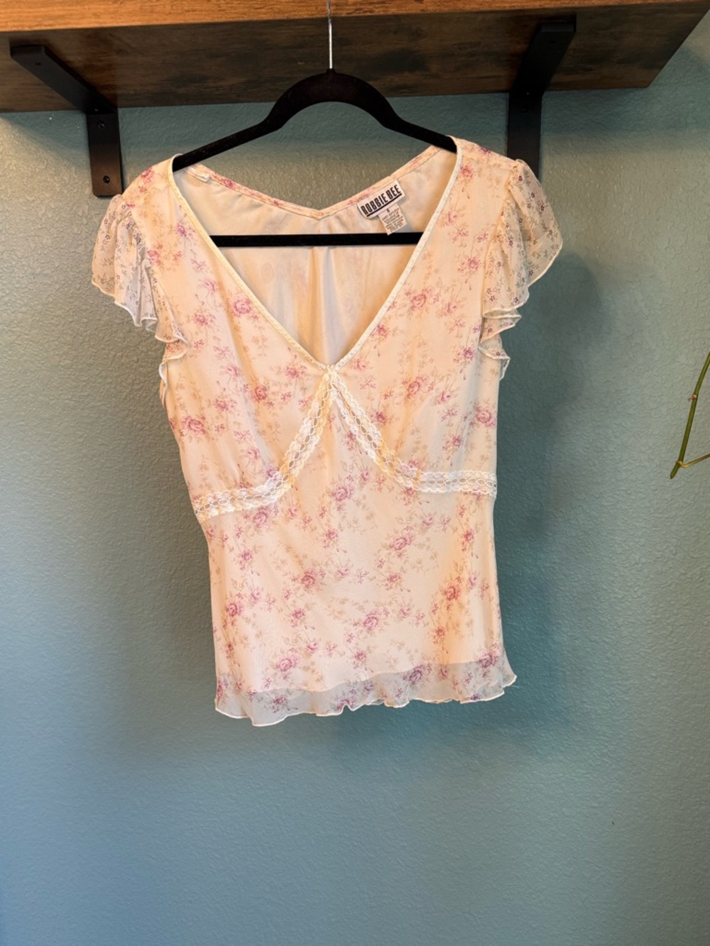 Y2K Robbi Bee 100% Silk Floral Lace Trim Top Size 8 Fairy Grunge Coquette